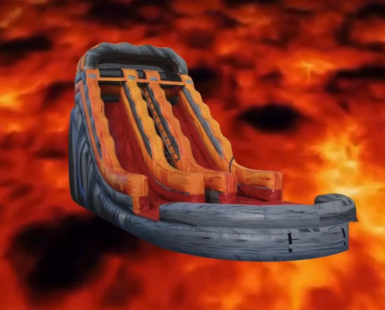 Volcano themed inflatable water slide